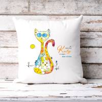 Kissen mit Katze Sunshine-Cat, Dekokissen Kuschelkissen, Geschenk für Katzen-Liebhaber, weiß 40x40 cm Bild 2
