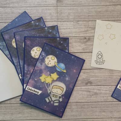 6er Set Einladungskarten zum Kindergeburtstag oder anderen Anlässen, „kleine Astronauten zur Feier“, Party, Handarbeit