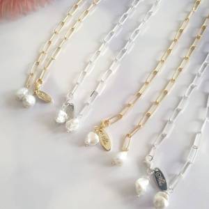 Grobe Gliederkette Silber, Anhänger Perlen weiss, wild gewachsen Bild 3
