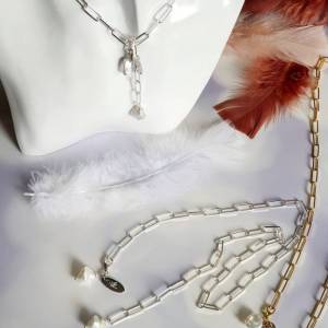 Grobe Gliederkette Silber, Anhänger Perlen weiss, wild gewachsen Bild 6