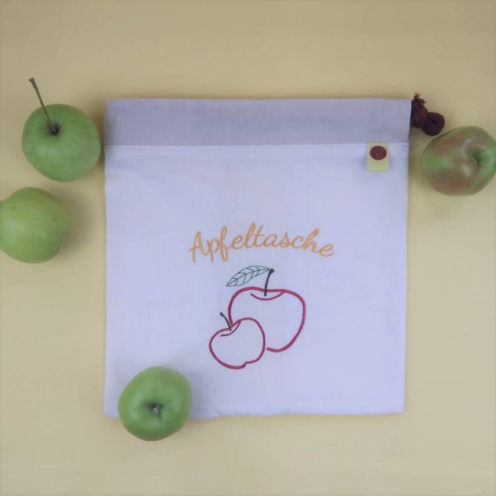 Apfeltasche "Rote Äpfel" - Baumwollbeutel mit Stickerei-Motiv und Schrifzug Bild 1