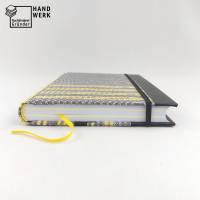 Notizbuch, grau gelb weiß schwarz, Stiftschlaufe, DIN A5, 150 Blatt, Grubentuch Unikat Bild 3