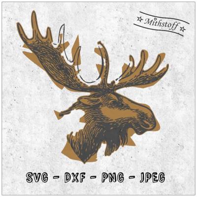 Plotterdatei - wildnis - Elch - SVG - DXF - Datei - Tierkopf - Mithstoff