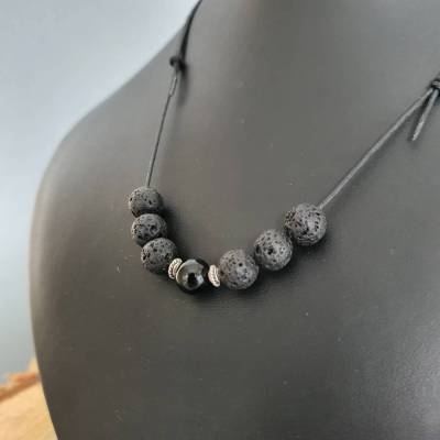 Basic Wikinger Kette in Schwarz/ Silber Version/Edelstein Perlenkette mit Lava & Obsidian Perlen/ Verstellbar 