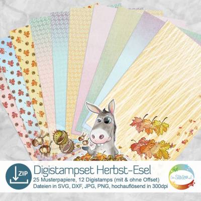 Digistampset Herbstesel, digitale Stempel mit Esel, Kastanien, Herbstblättern und 25 wunderschönen Digipapieren