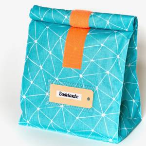 Lunchbag / Badetasche groß, türkis- orange, graphisches Muster, wasserabweisend von Lieblingsschnitte Bild 1