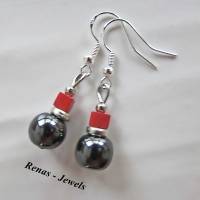 Edelstein Ohrhänger Hämatit & Marmor synthetisch rot schwarz silberfarben Ohrringe Perlen Ohrhaken aus 925 Silbe Bild 3