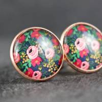 Ohrsteckeroder Ohrringe mit Rosen, abstrakt, rosa und grün, floral Bild 2