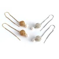 Edelstahl Ketten-Ohrringe mit hand gestrickten KUGELN und Süßwasserperlen - wählbar: silber- oder goldfarben Bild 2
