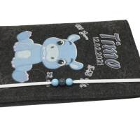 U Heft Hülle Filz mit Namen datum Impfpass fach Hippo blau untersuchungsheft hülle personalisiert geschenk geburt dunkel Bild 3