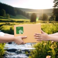 Verpackungsaufkleber: Hände schützen Erde - grün | "Der Umwelt zuliebe - Versand mit gebrauchten Kartons" Bild 3