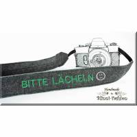 Kameraband BITTE LÄCHELN, bestickter Kameragurt  für Spiegelreflexkamera Bild 1