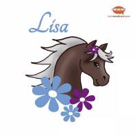 Türaufkleber: braunes Pony mit blau-lila Blüten  | Wandtattoo für Kinderzimmer, personalisierbar Bild 1