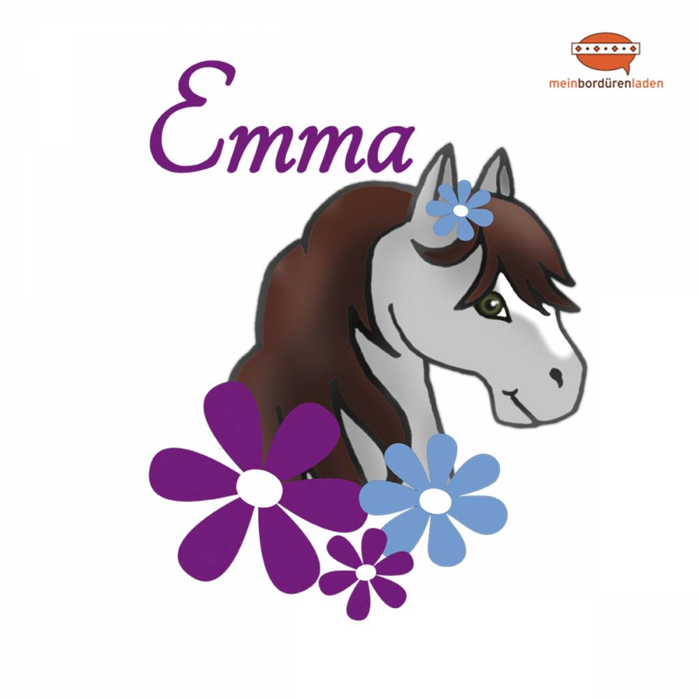 Türaufkleber: graues Pony mit lila-blauen Blüten  | Wandtattoo für Kinderzimmer, personalisierbar Bild 1