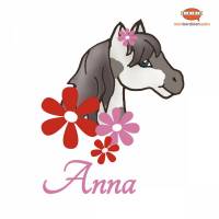 Türaufkleber: geschecktes Pony mit rosa-roten Blüten  | Wandtattoo für Kinderzimmer, personalisierbar Bild 1