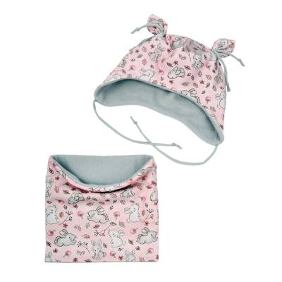 Baby Mädchen 2tlg. Set Wintermütze Ohrenmütze + Loop mit Baumwollfleece "Hasen" Winter Herbst