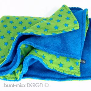 Kuscheldecke Sterne türkisblau grün, Baumwolle Jersey, Welnnes Fleece, Unikat handmade by BuntMixxDESIGN Bild 1