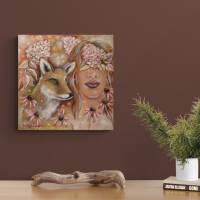AUTUMN GARDEN SECRETS - Gemälde mit Fuchs und Sonnenhut auf Leinwand 50cmx50cmx3,6cm Bild 4