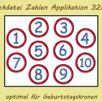 Stickdatei Zahlen Buttons 32mm Geburtstagskrone Applikation Aufnäher Bild 1