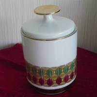 Dekorative ,runde Porzellandose, Teedose , Deckeldose von Schaller mit breitem Bandmuster in gold , rot und grün Bild 1