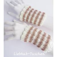 Pulswärmer 100 % Merino-Wolle handgestrickt hellbraun weiß gestreift o. Wunschfarbe - Damen Einheitsgröße - Modell 13 Bild 1