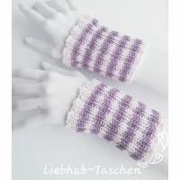 Pulswärmer 100 % Merino-Wolle handgestrickt hell-lila cremeweiß gestreift - Damen Einheitsgröße - Modell 13 Bild 1