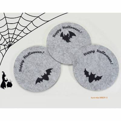 Untersetzer Glasuntersetzer Filz hellgrau, Happy Halloween Fledermaus, Tischdekoration Party, handmade BuntMixxDESIGN