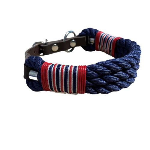 Hundehalsband 30 mm, Tauhalsband, verstellbar, dunkelblau, rot, weiß, Verschluss Leder und Schnalle, edel und hochwertig