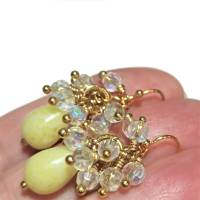 Ohrringe Jade hellgrün als Tropfen handgemacht mit funkelndem Glas AB goldfarben cluster Bild 2