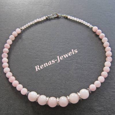Rosenquarz Edelsteinkette kurz – Handgefertigtes Collier mit Perlen & Silber – 47,5 cm