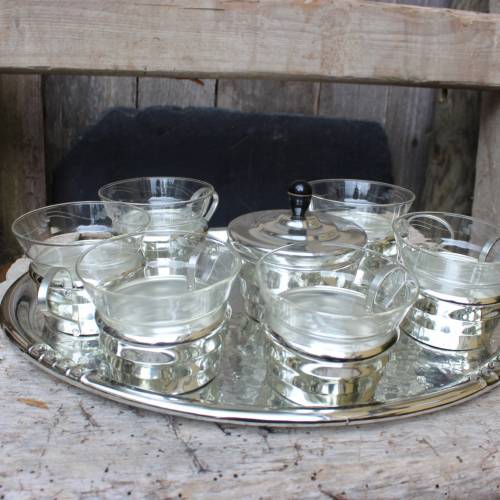 Vintage Teeservice 6 Teegläser Chrom Aluminium Jenaer Glas DDR 50er 60er VEB Quedlinburg