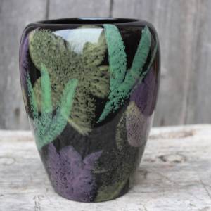 Vase Keramik Schablonenmalerei Schwämmeldekor Blumen Dekor Vintage Bild 3