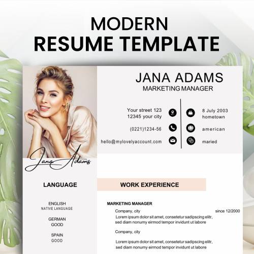 Resume Template Word 2022, Professional CV Template with Photo, Modern Design, Creative Template in english, Word, Pages
