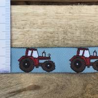 Traktor Trekker Webband -  Farbe: HELLBLAU mit ROTEM Traktor * 15 mm breit * ab 0,5 m Bild 3