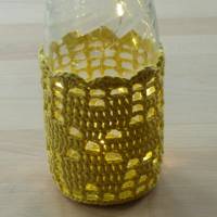 Upcycling: Leuchtflasche mit gehäkeltem Bezug Motiv Stern, gold, Biobaumwolle, GOTS, Handarbeit Bild 2