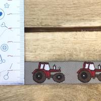 Traktor Trekker Webband -  Farbe: GRAU mit ROTEM Traktor * 15 mm breit * ab 0,5 m Bild 3
