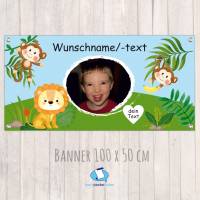 Banner Kinderparty - 100 x 50 cm | Äffchen und Löwe - mit Foto personalisierbar Bild 1