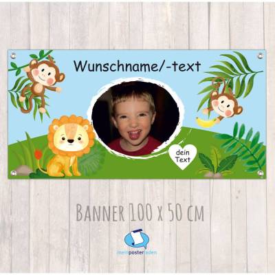 Banner Kinderparty - 100 x 50 cm | Äffchen und Löwe - mit Foto personalisierbar