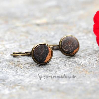 Holzohrringe – Ohrhänger Holz Ziricote Scheibe handgedrechselt Klappbrisur bronzefarben ∅ 12 mm Unikat
