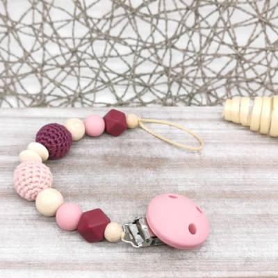 Schnullerkette ohne Name Mädchen Weinrot Altrosa Geschenk Baby Geburt Babyparty Taufe