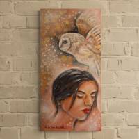 SILENT GUARDIAN - Gemälde mit fliegender Schleiereule und Gesicht auf Galeriekeilrahmen 30cmx60cmx3,5cm Bild 1