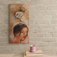 SILENT GUARDIAN - Gemälde mit fliegender Schleiereule und Gesicht auf Galeriekeilrahmen 30cmx60cmx3,5cm Bild 2