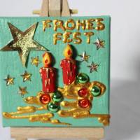 Minibild FROHES FEST, kleine Collage Weihnachtsdeko mit Kerzenmotiv aus Polyresin, nette Tischdeko oder Gastgeschenk Bild 1
