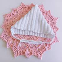 Pixiemütze, Babymütze, gestrickt aus Wolle (Merino) und Baumwolle, Farbe weiß, 3-6 Monate Bild 8