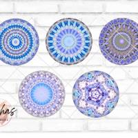 Glas Cabochon mit Motiv Mandala Mosaik Muster Glasmosaik blau Hellblau, Fotocabochon, Handmade Cabochon, verschiedene Gr