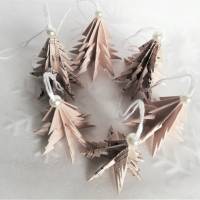 6 Origami Tannenbäume aus Faltpapier "Noten-beige" Weihnachten, Advent, Fest, Anhänger Bild 2