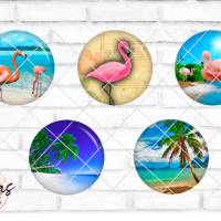 Glas Cabochon mit Motiv Flamingo Palmen Strand, Fotocabochon, Handmade Cabochon, verschiedene Größen, Motivcabochon Bild 1
