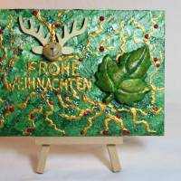 Minibild FROHE WEIHNACHTEN Minibild, kleine Weihnachtsdeko mit Rentierkopf aus Holz Blatt aus Styropor Bild 1