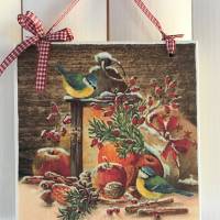 Süßes Holzbild, Weihnachten, Meisen mit Laterne Bild 1