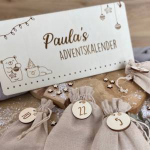 Adventskalender Bär personalisiert mit Namen / Weihnachtskalender Advent aus Holz zum befüllen Bild 2